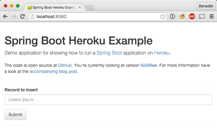 Spring Boot Heroku Demo application displaying a static link