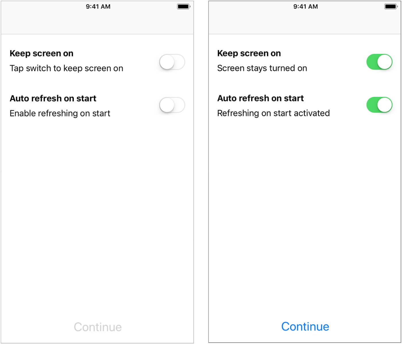 Onboarding example with two switches and Continue button