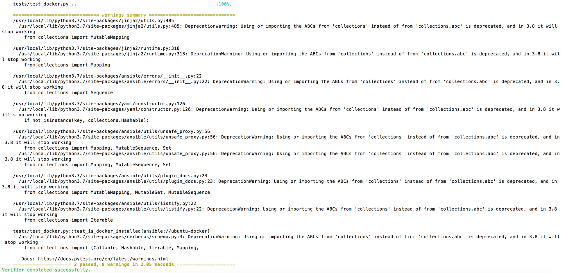 molecule verify with deprecation warnings