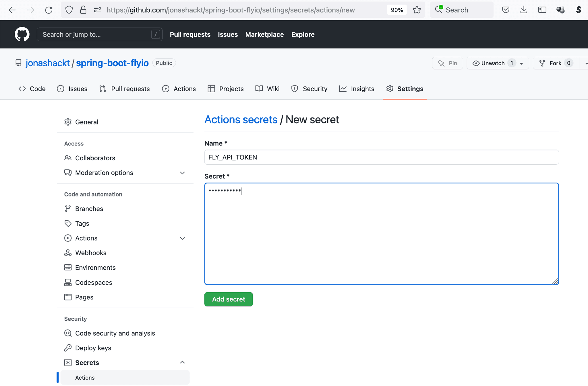 GitHub repository secret Fly auth