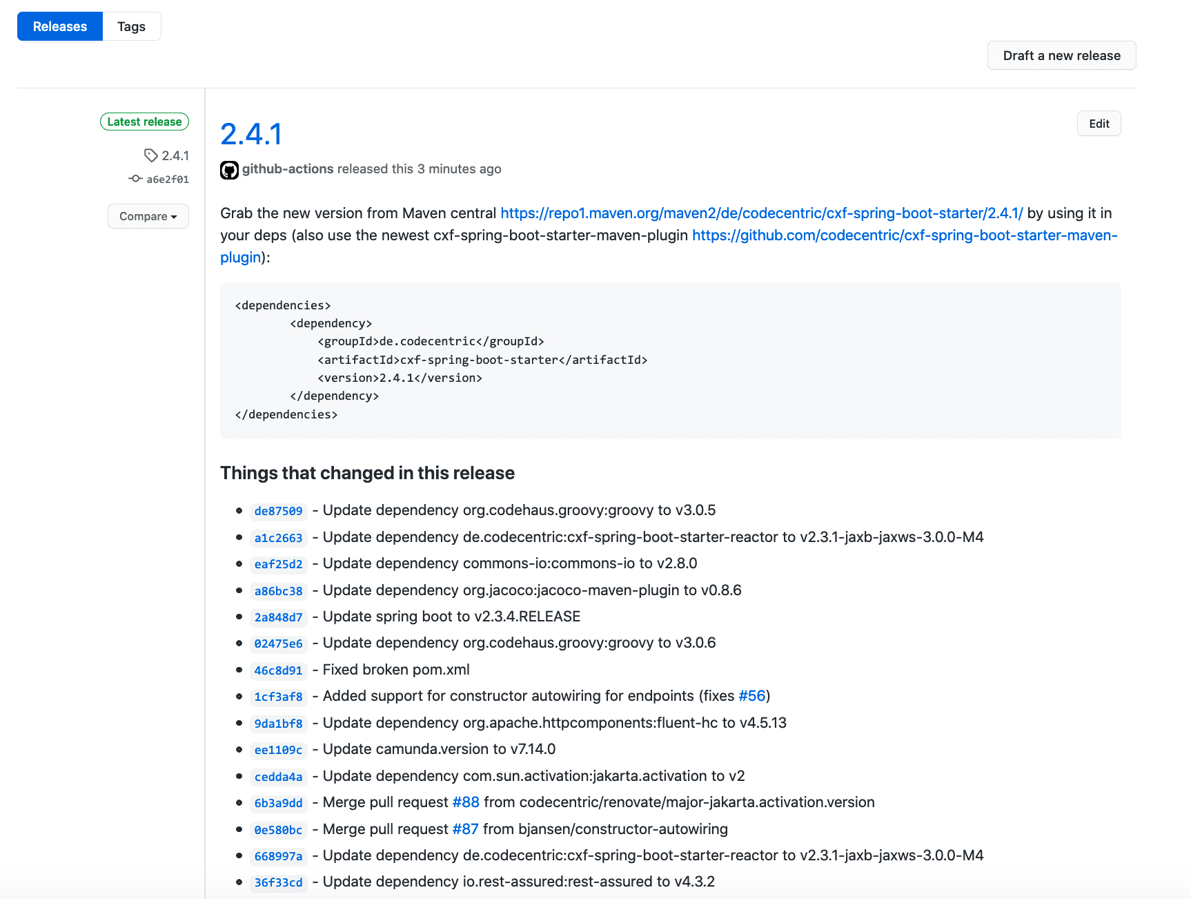 A GitHub Release detail description incorporating a changelog