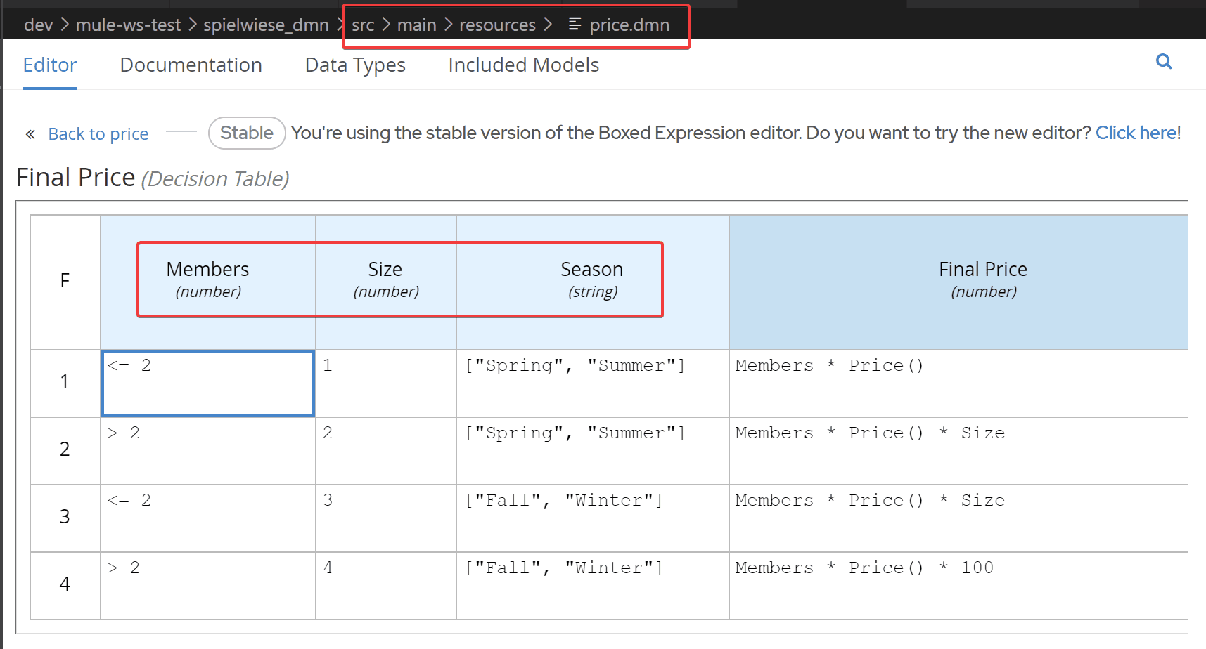 Price decision table file price.dmn