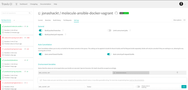 travisci aws settings env variables