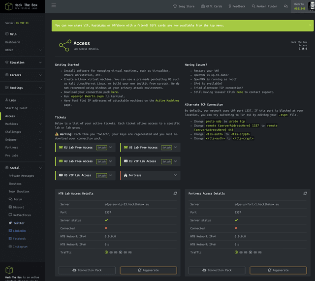 hackthebox.eu access page