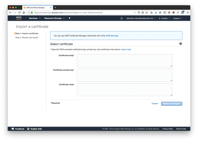 importing SSL certificate intom the aws certificate manager