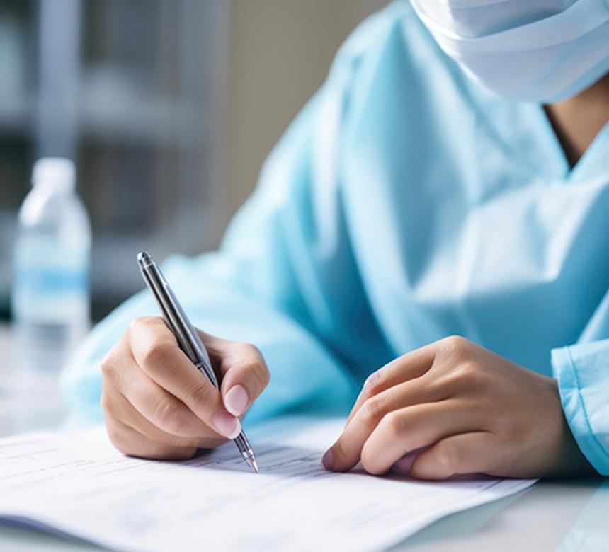 Person mit Schutzkleidung Krankenhaus arbeitet an einem Schriftstück.