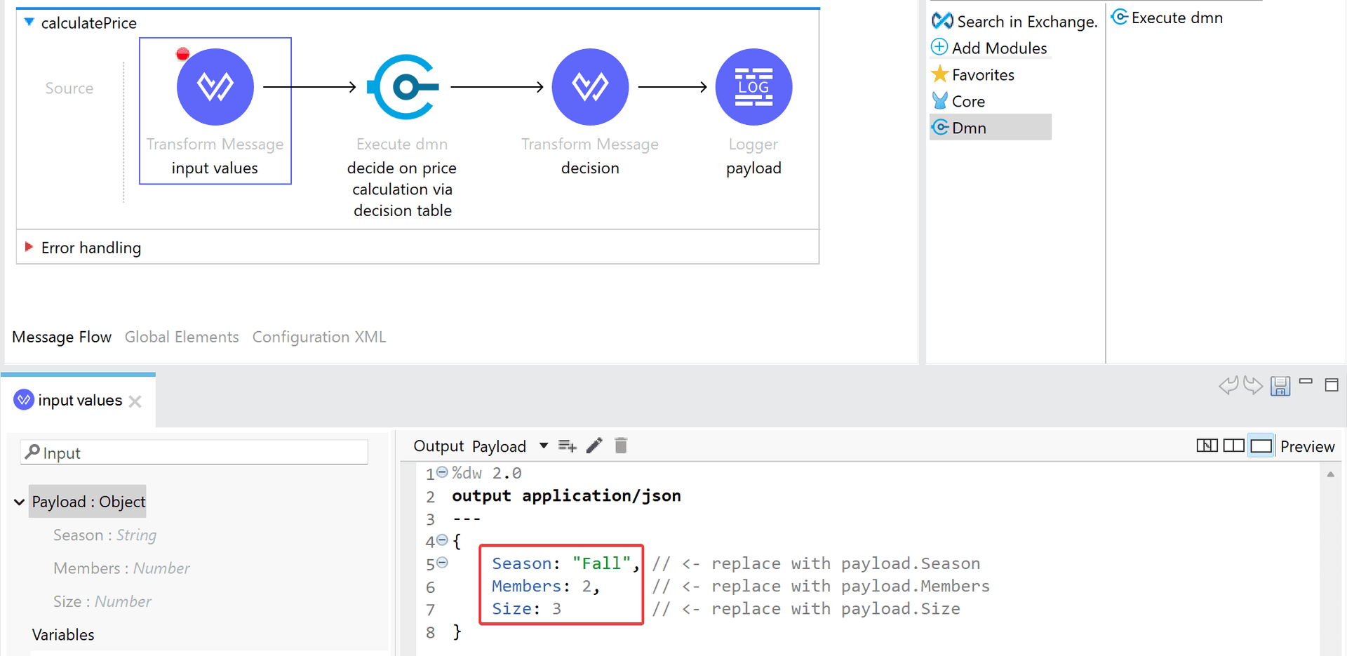 Mule flow using dmn model - preparing transformer