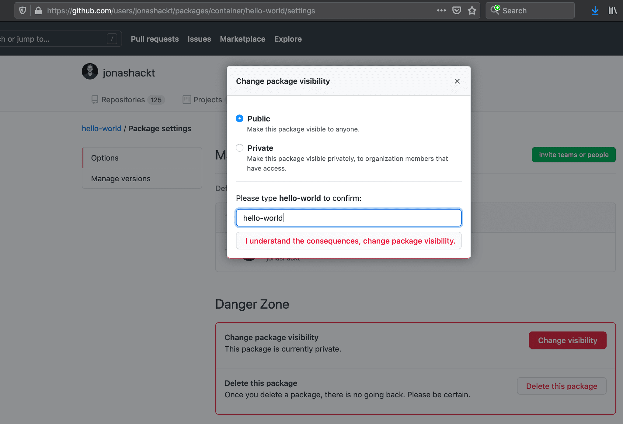 package settings for public visibility