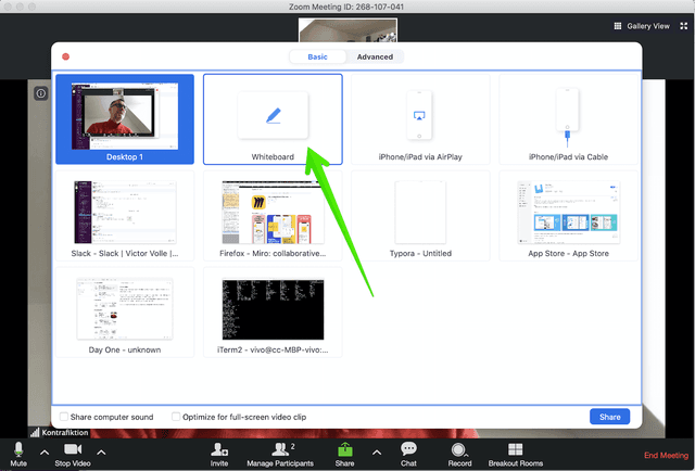 Choosing the shared whiteboard