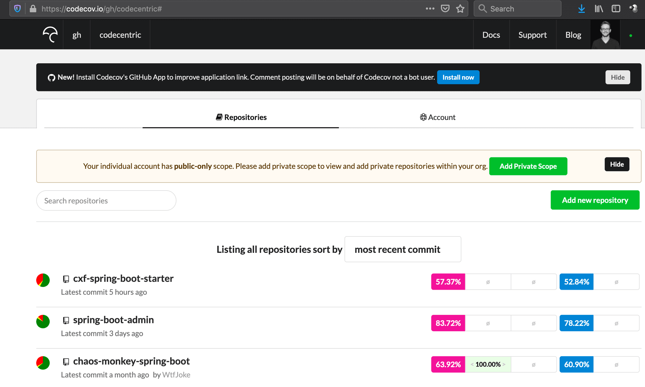 the Codecov portal shows all coverage reports