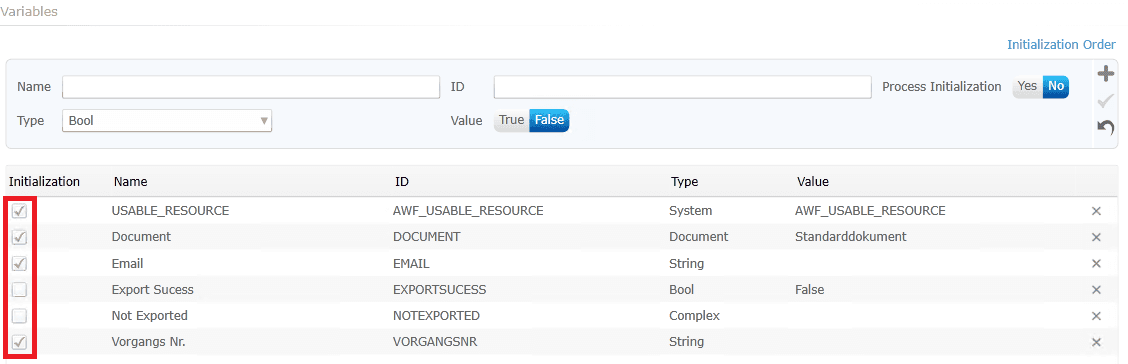 variables of the destination process marked as “Initialization”.