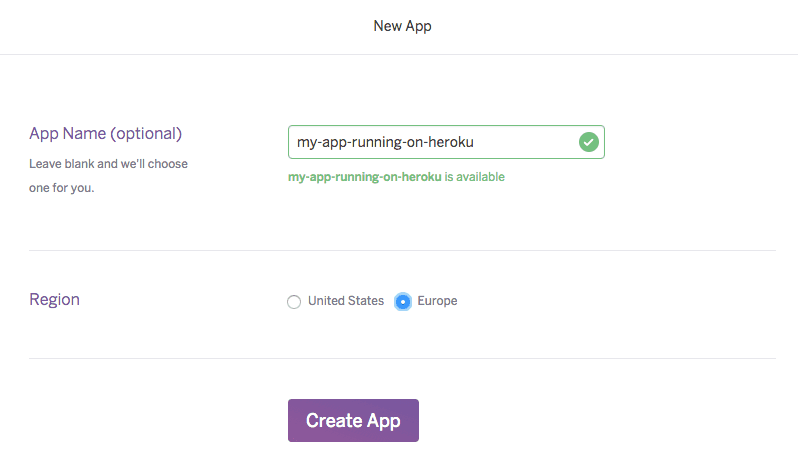 Create Application Screen at Heroku