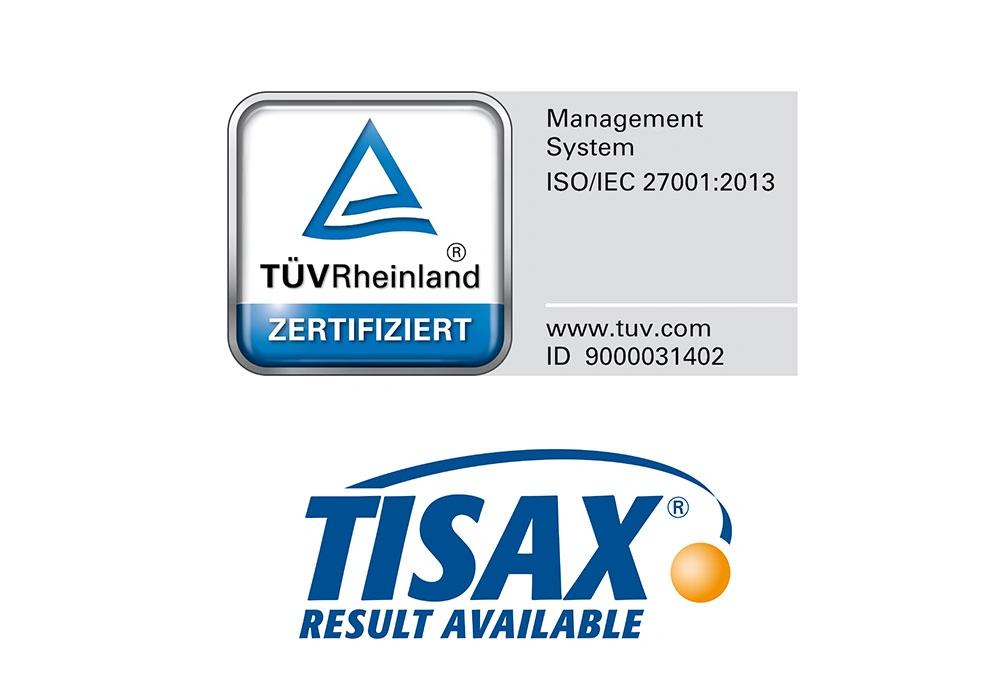 Die Logos der ISO 27001-und-TISAX-Zertifizierung untereinander