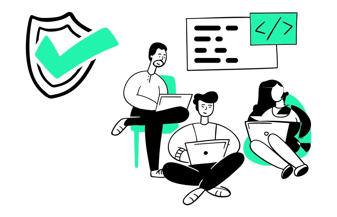 Illustration: 3 Personen an Notebooks, als Symbole für den Webinarinhalt darüber ein Schutzschild mit grünem Haken und Code