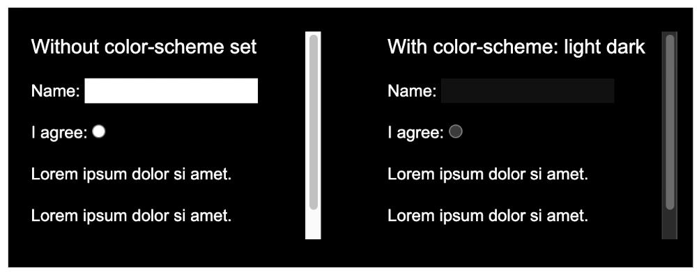 Vergleich: Website im dunklen Schema mit & ohne color-scheme Property. Mit sind Scrollbalken & Formularelemente dunkel.