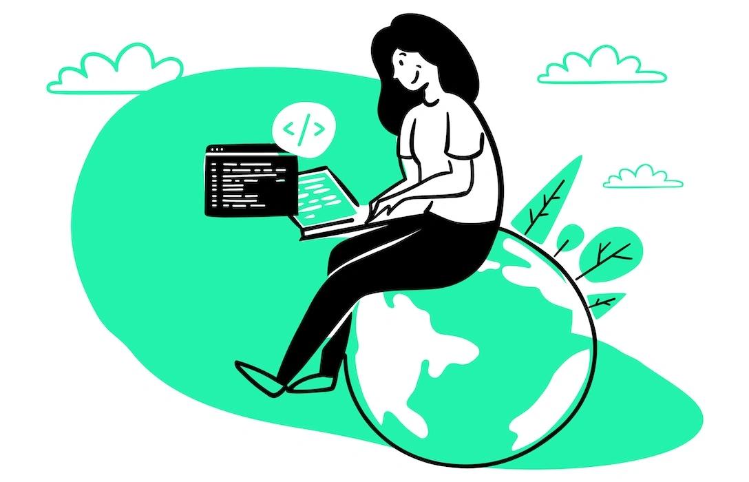 Illustration einer Frau, die auf dem Planeten Erde sitzt und im Notebook programmiert. Auf der Erde wachesn symbolisch Bäume.