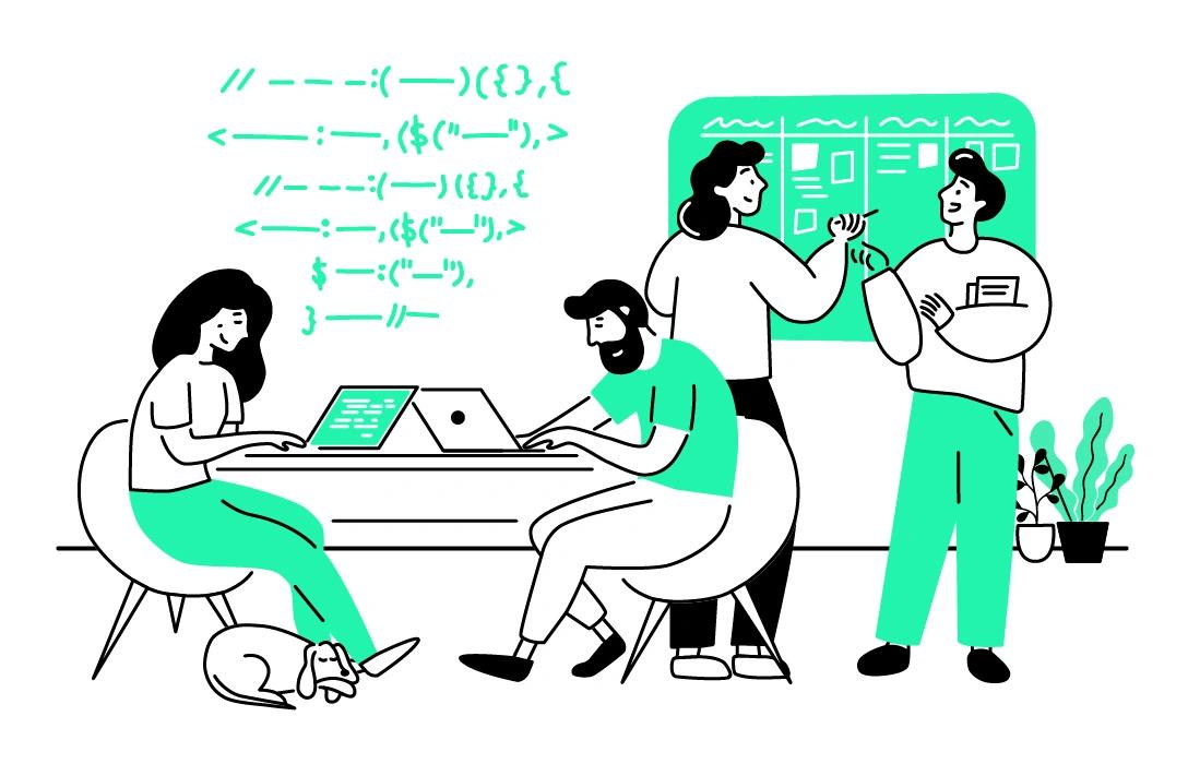 Illustration: 4 Personen an Notebooks und Whiteboard, die diskutieren, planen und programmieren.