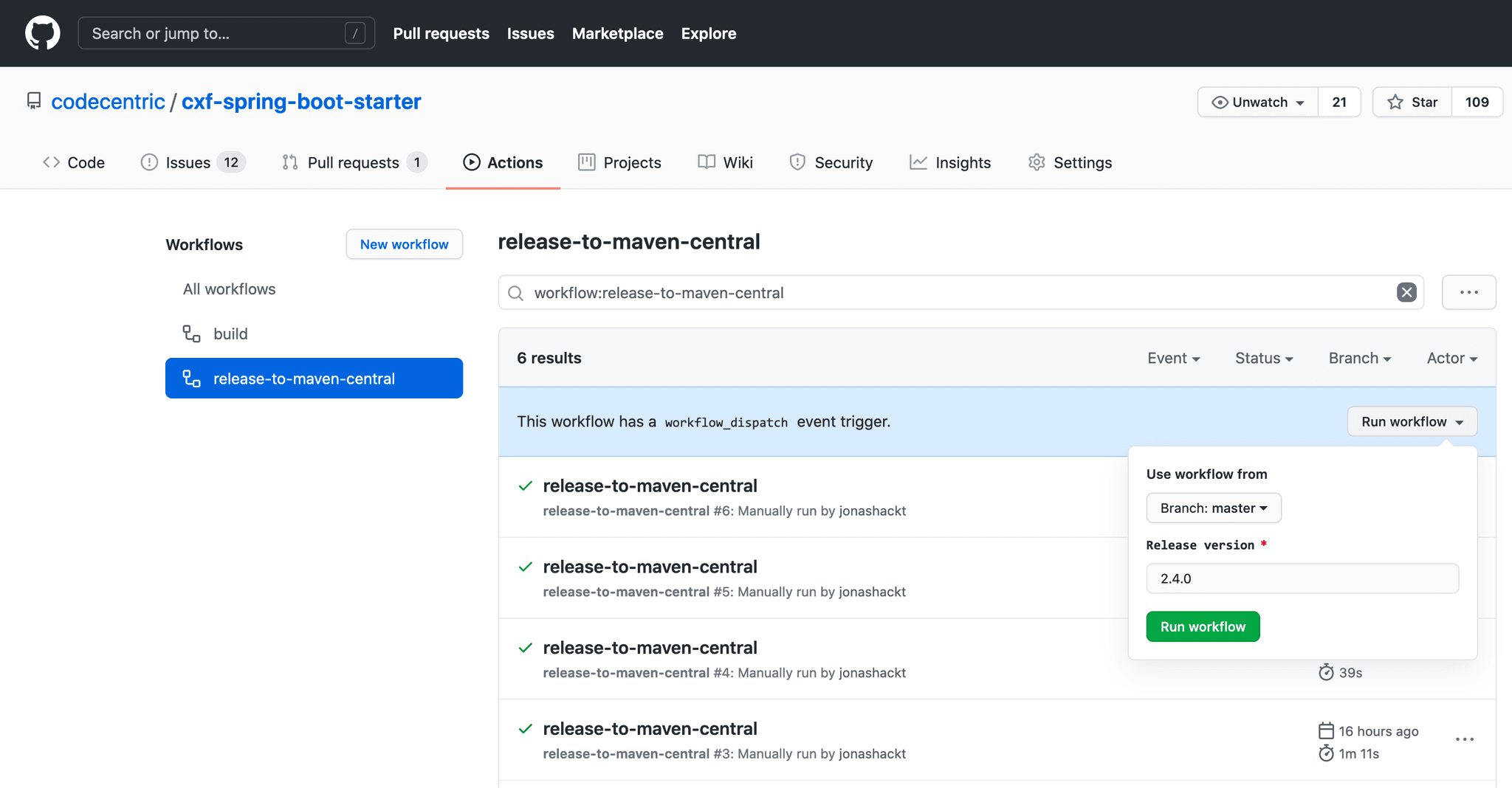 The GitHub Actions UI shows a menu item for the version number and the button to trigger the release workflow