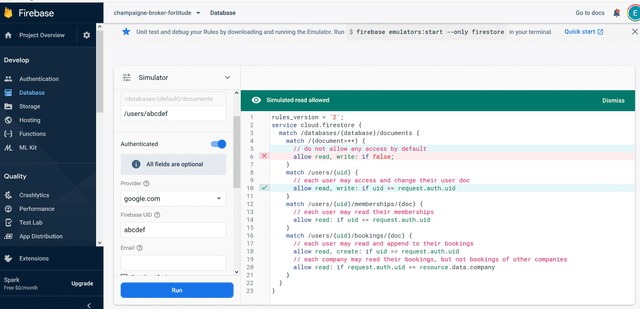 Firebase console example